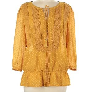 DR2 by Daniel Rain Gold Mustard Yellow Boho Front-Tie Peasant Top Blouse